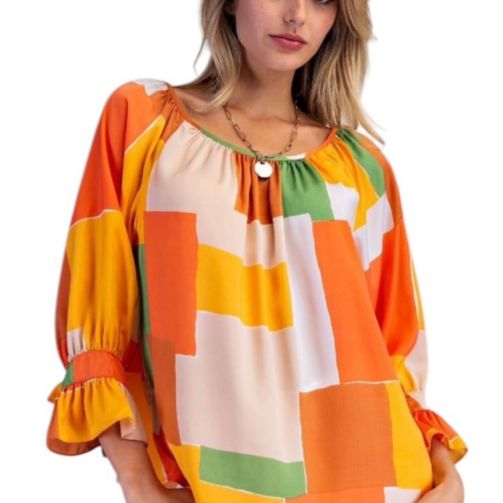 easel blouse colorblock lightweight boho peasant 3/4 sleeve orange caramel green